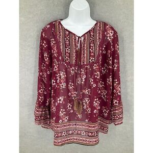 Artesia‎ Floral Burgundy Blouse Women's Size XL Bell Long Sleeve Tassel Sheer